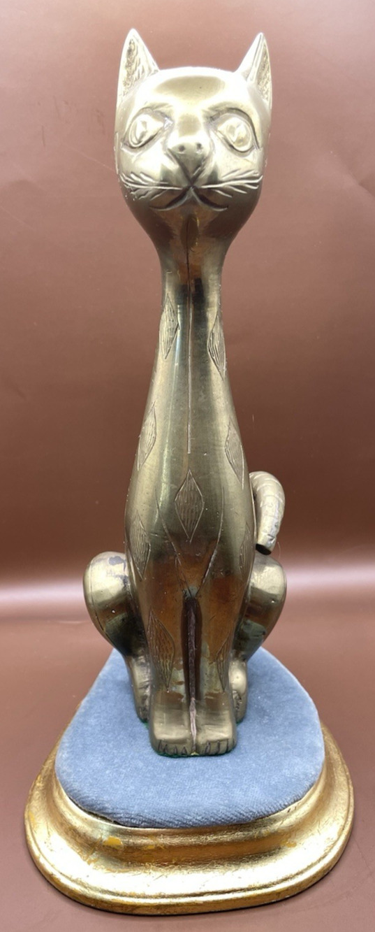 Vintage Solid Brass Long Neck Sitting Cat Figurine 9.5" With Carved Designs